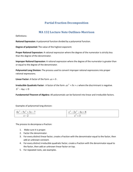 Partial Fraction Decomposition MA 132 Lecture Note Outlines-Morrison