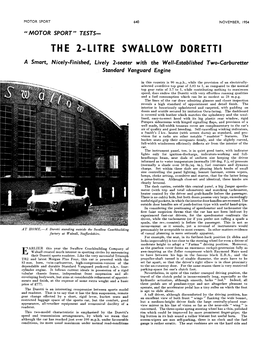 THE 2-LITRE SWALLOW DORETTI a Smart, Nicely-Finished, Lively 2-Seater with the Well-Established Two-Carburetter Standard Vanguard Engine