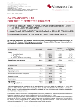 Sales and Results for the 1St Semester 2020-2021