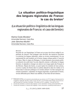 La Situation Politico-Linguistique Des Langues Régionales De France: 1 Le Cas Du Breton