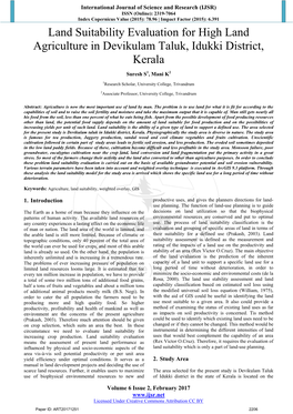 Land Suitability Evaluation for High Land Agriculture in Devikulam Taluk, Idukki District, Kerala