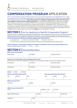 COMPENSATION PROGRAM APPLICATION There Is No Fee to Apply for Claims Conference Programs