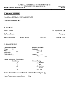 BETHANIA HISTORIC DISTRICT Page 1 United States Department of the Interior, National Park Service______National Register of Historic Places Registration Form