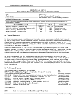 BIOGRAPHICAL SKETCH Micah Altman Director of Research, MIT