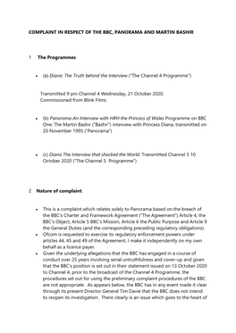 Complaint in Respect of the Bbc, Panorama and Martin Bashir