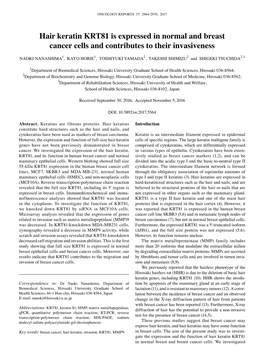 Hair Keratin KRT81 Is Expressed in Normal and Breast Cancer Cells and Contributes to Their Invasiveness