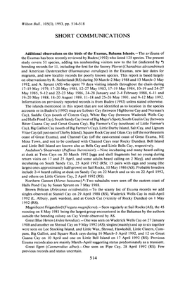 Additional Observations on the Birds of the Exumas, Bahama Islands.-The Avifauna of the Exumas Has Been Recently Reviewed by Buden (1992) Who Listed 125 Species