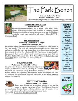 The Park Bench Seniors in the Park Newsletter December 2010 Volume X Issue 12 Seniors in the Park Promotes and Enhances a Vital Aging Community