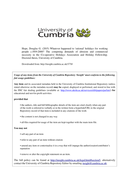 Holidays for Working People C.1919-2000? the Competing Demands of Altruism and Commercial Necessity in the Co-Operative Holidays Association and Holiday Fellowship