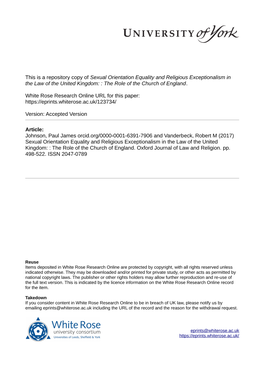 Sexual Orientation Equality and Religious Exceptionalism in the Law of the United Kingdom: : the Role of the Church of England