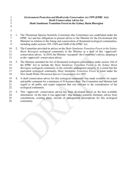 Draft Conservation Advice for Shale Sandstone Transition Forest in The