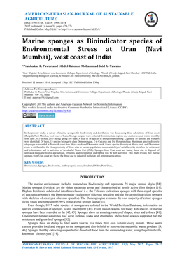 Marine Sponges As Bioindicator Species of Environmental Stress at Uran (Navi