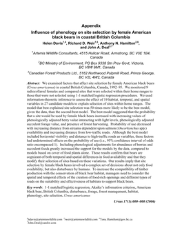 Appendix Influence of Phenology on Site Selection by Female American Black Bears in Coastal British Columbia Helen Davis1,4, Richard D