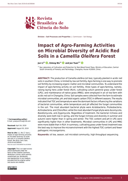 Impact of Agro-Farming Activities on Microbial Diversity of Acidic Red Soils in a Camellia Oleifera Forest
