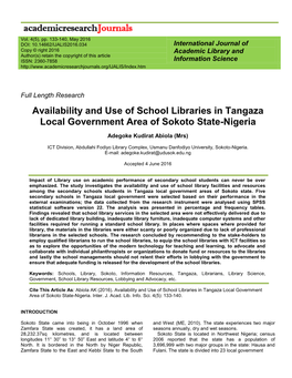 Availability and Use of School Libraries in Tangaza Local Government Area of Sokoto State-Nigeria