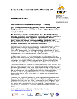 Deutscher Baseball Und Softball Verband E.V. Presseinformation