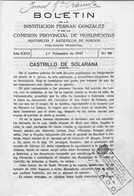Bolretin DE LA INSTITUCION FERNÁN GONZÁLEZ Y DE LA COMISION PROVINCIAL DE MONUMENTOS HISTORICOS Y ARTISTICOS DE BURGOS PUBLICACION TRIMESTRAL