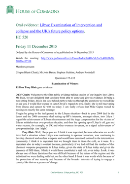 Oral Evidence: Libya: Examination of Intervention and Collapse and the UK's Future Policy Options, HC 520