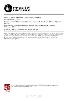 Recent Work on 17Th Century Continental Philosophy Author(S): Edwin Curley Source: American Philosophical Quarterly , Oct., 1974, Vol