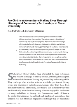 Pro Christo Et Humanitate: Making Lives Through Literacy and Community Partnerships at Shaw University