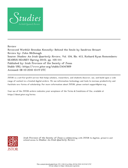 Brendan Kennelly: Behind the Smile by Sandrine Brisset Review By: John Mcdonagh Source: Studies: an Irish Quarterly Review, Vol