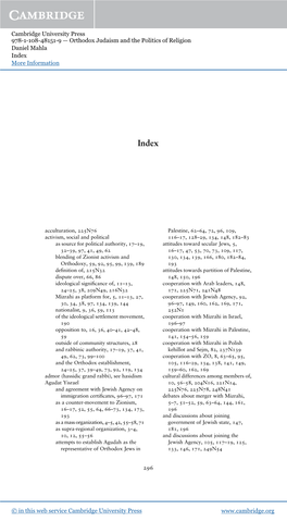 Cambridge University Press 978-1-108-48151-9 — Orthodox Judaism and the Politics of Religion Daniel Mahla Index More Information