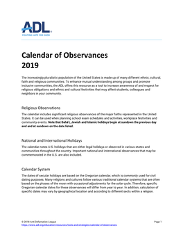 Calendar of Observances 2019