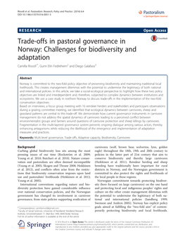 Trade-Offs in Pastoral Governance in Norway: Challenges for Biodiversity and Adaptation Camilla Risvoll1*, Gunn Elin Fedreheim2 and Diego Galafassi3