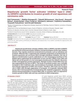 Hepatocyte Growth Factor Activator Inhibitor Type-2 (HAI- 2)/SPINT2 Contributes to Invasive Growth of Oral Squamous Cell Carcinoma Cells