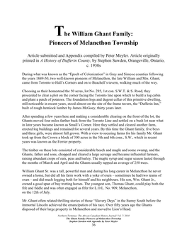 The William Ghant Family: Pioneers of Melancthon Township