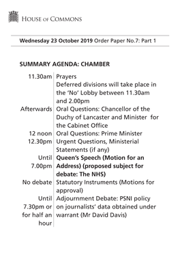Order Paper for Wed 23 Oct 2019