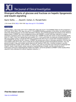Divergent Effects of Glucose and Fructose on Hepatic Lipogenesis and Insulin Signaling