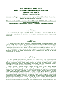 Disciplinare Di Produzione Della Denominazione Di Origine Protetta "Colline Salernitane” (Olio Extravergine Di Oliva)