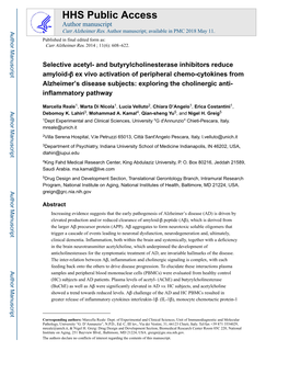 And Butyrylcholinesterase Inhibitors Reduce Amyloid-Β Ex Vivo