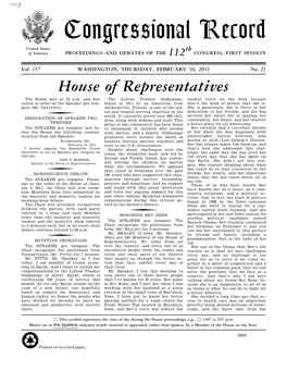 Congressional Record United States Th of America PROCEEDINGS and DEBATES of the 112 CONGRESS, FIRST SESSION