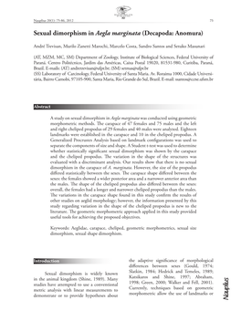 Sexual Dimorphism in Aegla Marginata (Decapoda: Anomura)