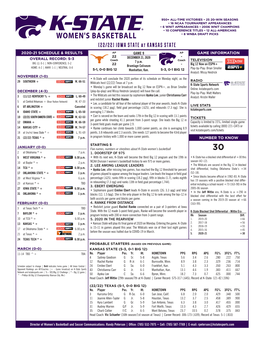 (22/22) IOWA STATE at KANSAS STATE 2020-21 SCHEDULE & RESULTS AP GAME 9 AP GAME INFORMATION 22 - OVERALL RECORD: 5-3 DECEMBER 21, 2020 Coach 7 P.M