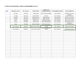 In Case of Any Discrepancy, Report to Wardquota@Hrc.Du.Ac.In
