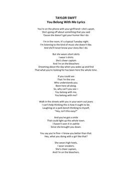 TAYLOR SWIFT You Belong with Me Lyrics