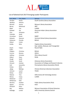 List of Selected ALA 2017 Emerging Leader Participants