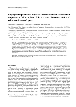 Phylogenetic Position of Dipentodon Sinicus: Evidence from DNA Sequences of Chloroplast Rbcl, Nuclear Ribosomal 18S, and Mitochondria Matr Genes