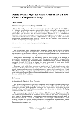 Resale Royalty Right for Visual Artists in the US and China: a Comparative Study