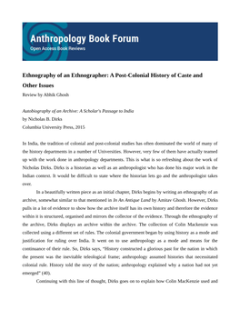 Ethnography of an Ethnographer: a Post-Colonial History of Caste And