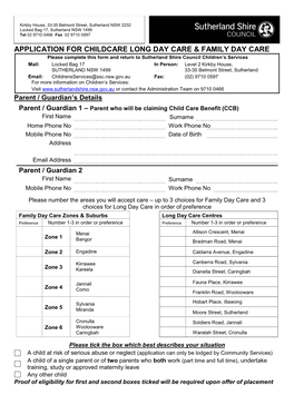 Application for Childcare Long Day Care & Family Day