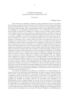 1 LA MORT EN PARTAGE a Propos Du Tombeau De Théophile Gautier