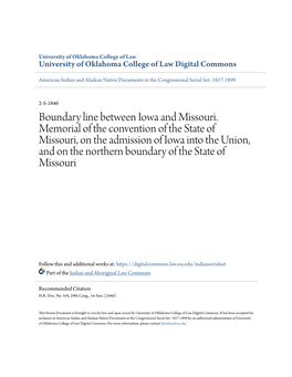 Boundary Line Between Iowa and Missouri. Memorial of the Convention of the State of Missouri, on the Admission of Iowa Into