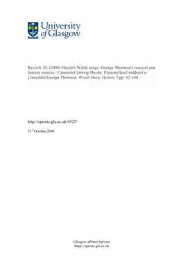 Rycroft, M. (2008) Haydn's Welsh Songs: George Thomson's Musical and Literary Sources / Caneuon Cymreig Haydn: Ffynonellau Cerddorol a Llenyddol George Thomson