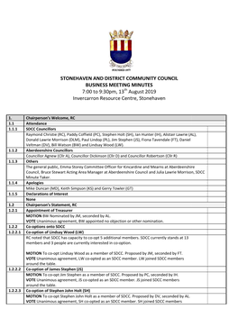 STONEHAVEN and DISTRICT COMMUNITY COUNCIL BUSINESS MEETING MINUTES 7:00 to 9:30Pm, 13Th August 2019 Invercarron Resource Centre, Stonehaven