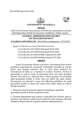 Paid Quarantine Facility for Returnees- Guidelines- Orders Issued