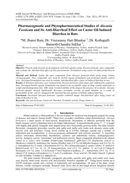 Pharmacognostic and Phytopharmaceutical Studies of Alocasia Fornicata and Its Anti-Diarrheal Effect on Castor Oil Induced Diarrhea in Rats